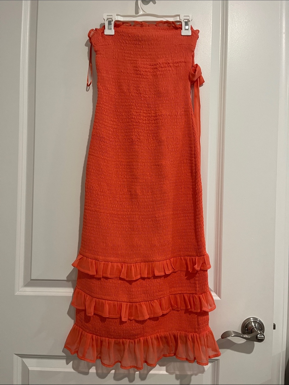 Smocked Coral Abercrombie Dress with Tiered Ruffle Hem
